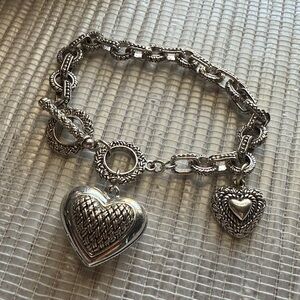 Silver-Tone Heart Charm Toggle Bracelet – Adjustable 7.5” to 8”